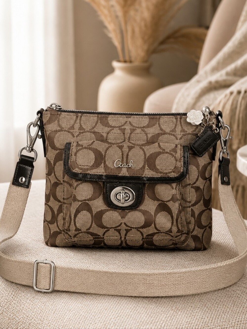 Coach Brown Signature Canvas Crossbody with Leather Trim
